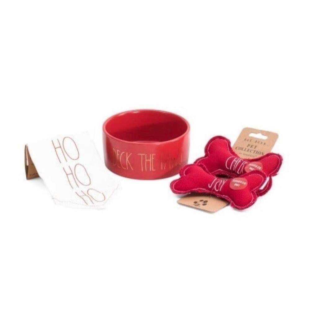 Rae Dunn 3pc Deck The Paws Christmas Pet Bowl, Toy, and Bandana Set